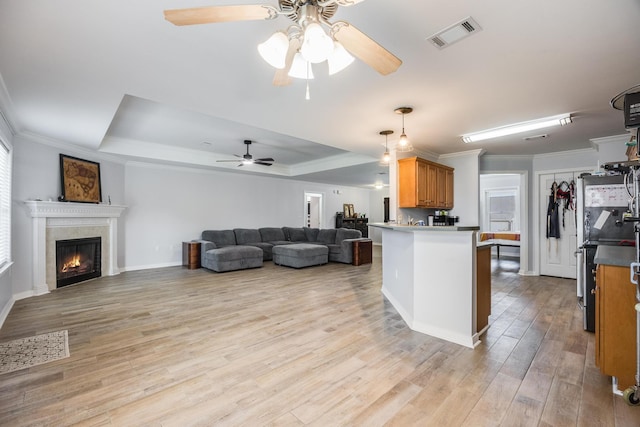 kitchen featuring a raised ceiling, ceiling fan, light wood-type flooring, and crown molding