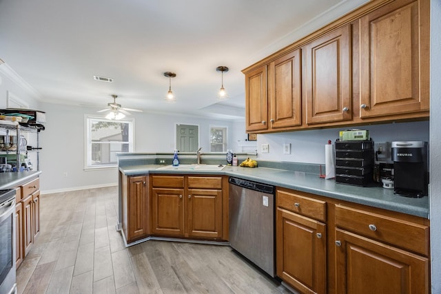 kitchen with dishwasher, light hardwood / wood-style flooring, hanging light fixtures, ceiling fan, and sink