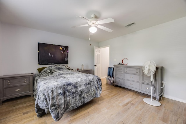 bedroom featuring ceiling fan and light hardwood / wood-style flooring