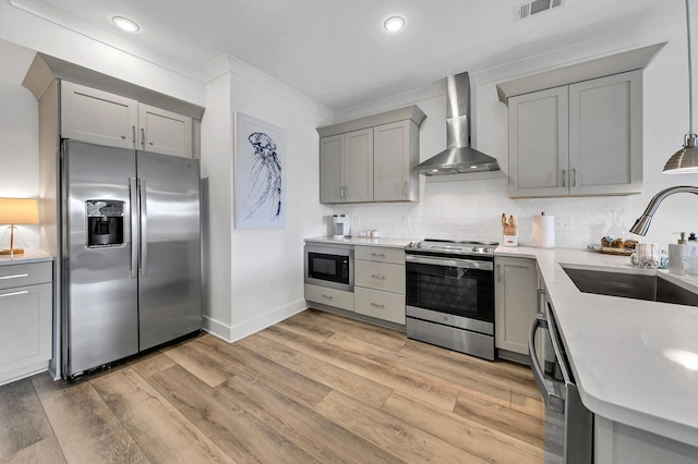 kitchen featuring gray cabinets, appliances with stainless steel finishes, sink, and wall chimney range hood