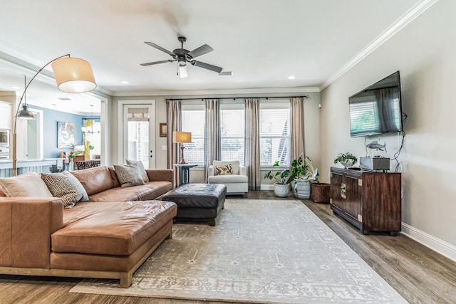 living room featuring hardwood / wood-style flooring, crown molding, and ceiling fan