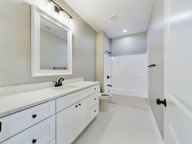 full bathroom featuring shower / bath combination, visible vents, toilet, tile patterned floors, and vanity