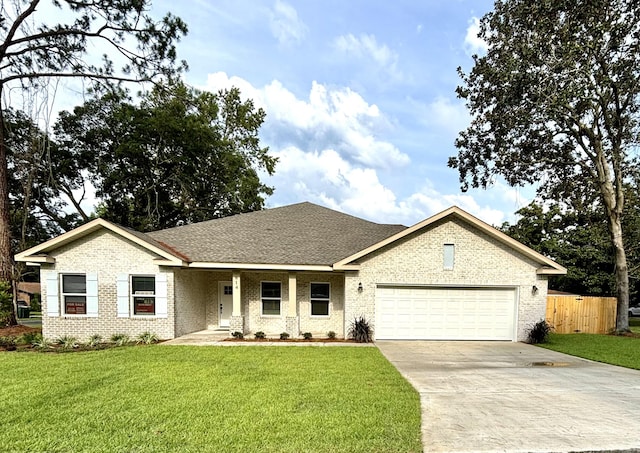 ranch-style house featuring brick siding, a front yard, fence, a garage, and driveway