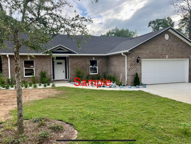 ranch-style home with a garage and a front lawn