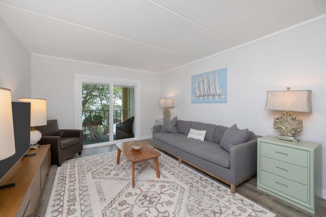 living room with light hardwood / wood-style floors and ornamental molding