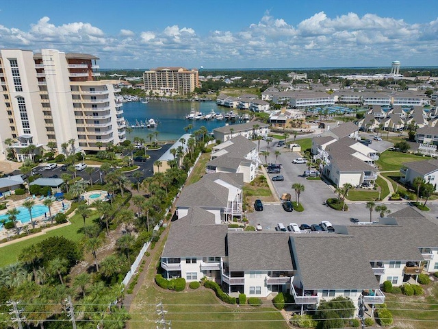 drone / aerial view with a water view