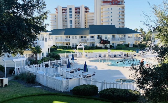 view of swimming pool featuring a patio