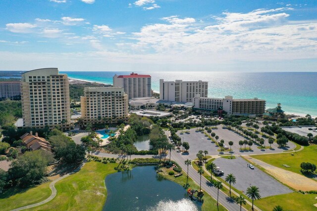 drone / aerial view with a water view