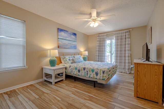 bedroom featuring a textured ceiling and ceiling fan