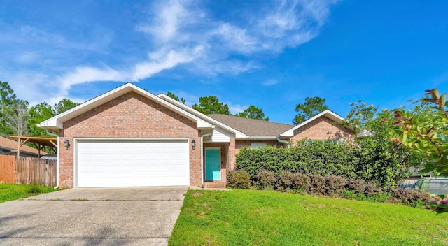 ranch-style house featuring a garage and a front lawn