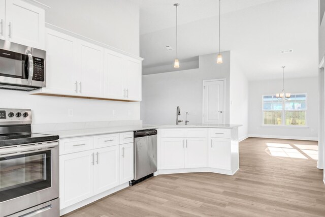 kitchen with white cabinetry, stainless steel appliances, hanging light fixtures, light wood-type flooring, and kitchen peninsula