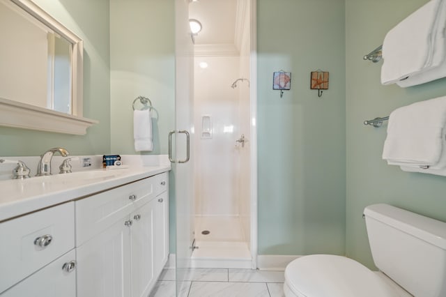bathroom featuring vanity, tile patterned floors, a shower, ornamental molding, and toilet