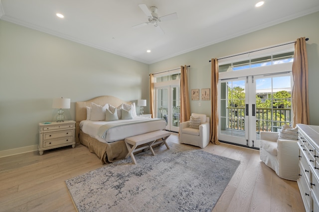bedroom with crown molding, french doors, access to outside, ceiling fan, and light hardwood / wood-style floors