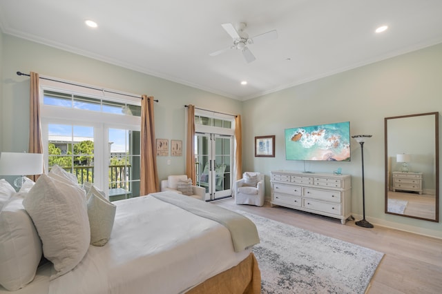 bedroom with ceiling fan, crown molding, light wood-type flooring, french doors, and access to exterior