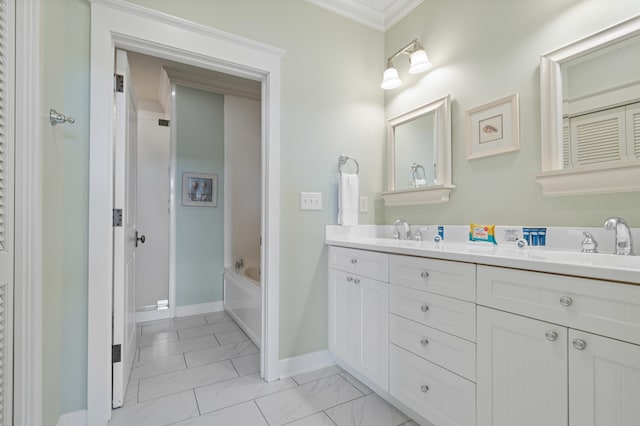 bathroom with double vanity, tile patterned flooring, and ornamental molding