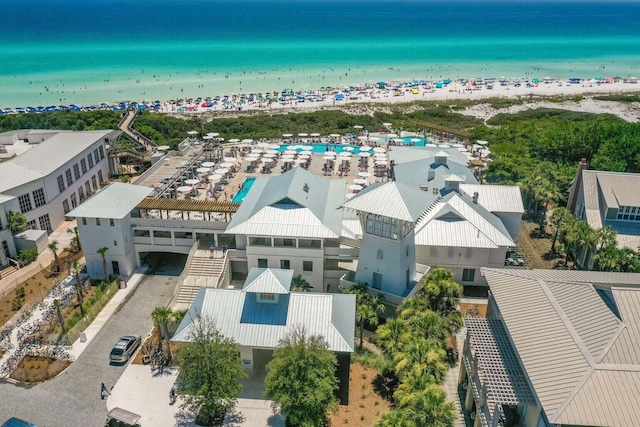 aerial view featuring a beach view and a water view