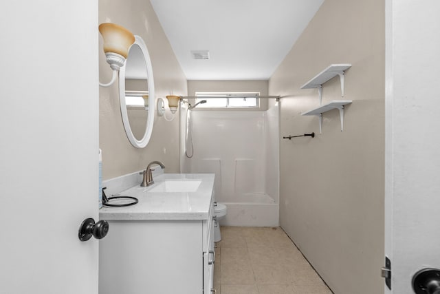 bathroom with visible vents, toilet, tile patterned flooring, vanity, and shower / washtub combination