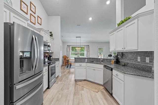 kitchen with white cabinetry, kitchen peninsula, stainless steel appliances, sink, and decorative backsplash