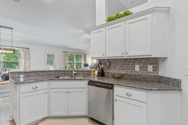 kitchen featuring white cabinetry, kitchen peninsula, dishwasher, backsplash, and sink