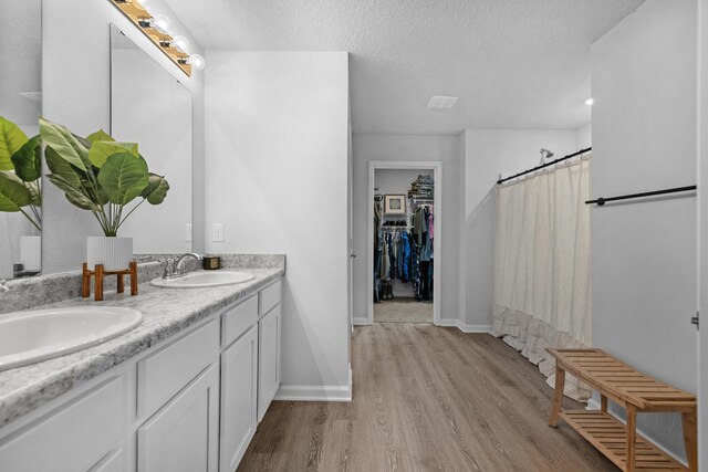 6537 Torrey Pnes, Laurel Hill, FL 32567 - bathroom featuring a textured ceiling, a sink, double vanity, curtained shower, and wood finished floors