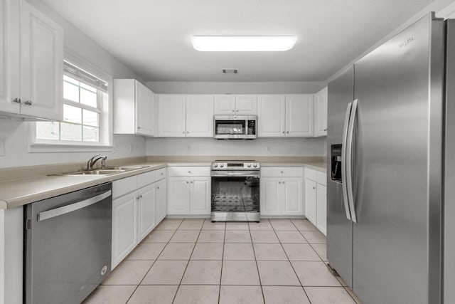 kitchen with sink, white cabinets, stainless steel appliances, and light tile patterned floors