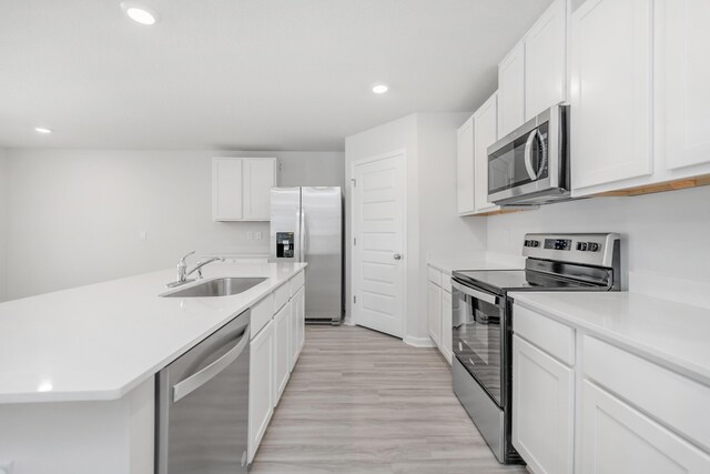 kitchen featuring white cabinetry, sink, appliances with stainless steel finishes, and light wood-type flooring