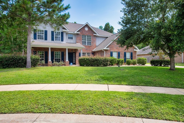 view of front of house featuring roof with shingles, brick siding, and a front lawn