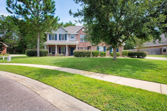 view of front of home with brick siding, fence, and a front lawn