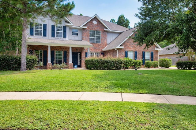 view of front facade with a shingled roof, brick siding, and a front lawn