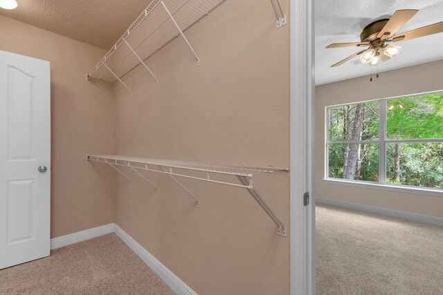 walk in closet with carpet flooring and ceiling fan