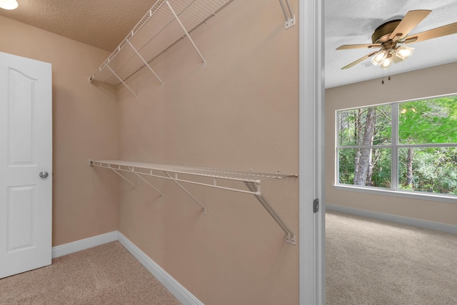 spacious closet with carpet floors and ceiling fan