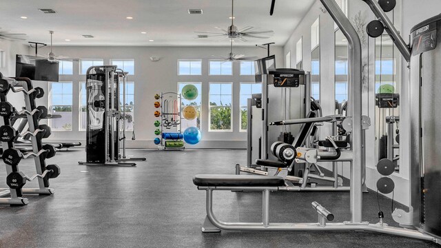 workout area featuring ceiling fan and a wealth of natural light