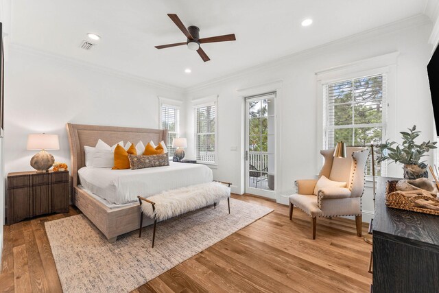 bedroom with access to outside, ceiling fan, light wood-type flooring, and crown molding