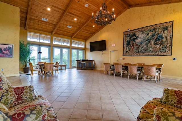 living room featuring light tile patterned flooring, high vaulted ceiling, beamed ceiling, a chandelier, and wood ceiling