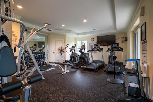 exercise room with a raised ceiling