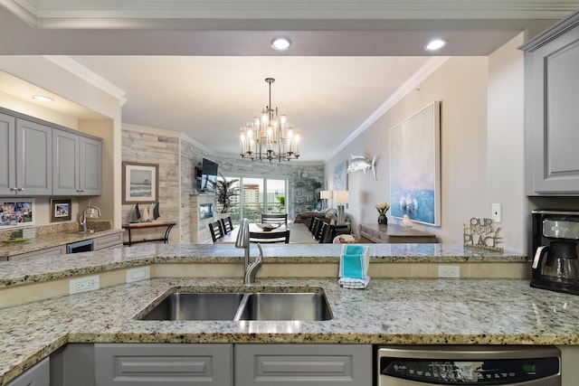 kitchen with sink, dishwasher, gray cabinetry, light stone counters, and ornamental molding