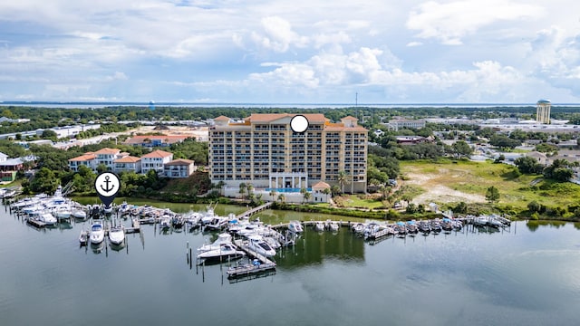 bird's eye view with a water view