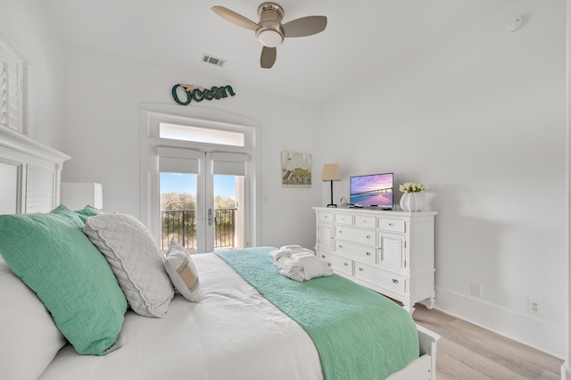 bedroom with french doors, ceiling fan, light hardwood / wood-style floors, and access to outside