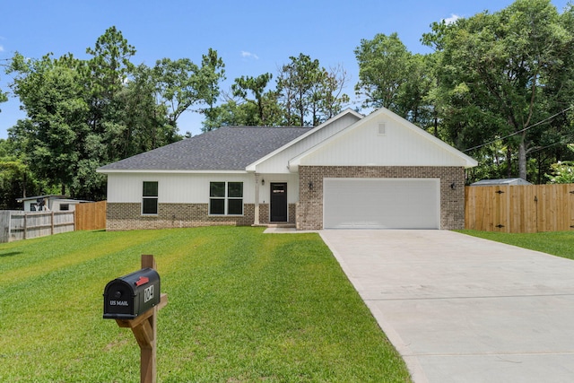 ranch-style house with a garage and a front lawn