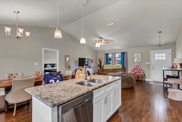 kitchen with white cabinetry, hanging light fixtures, sink, dishwasher, and dark wood-type flooring