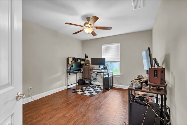 home office featuring hardwood / wood-style floors and ceiling fan