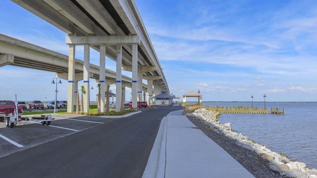 view of road with a water view