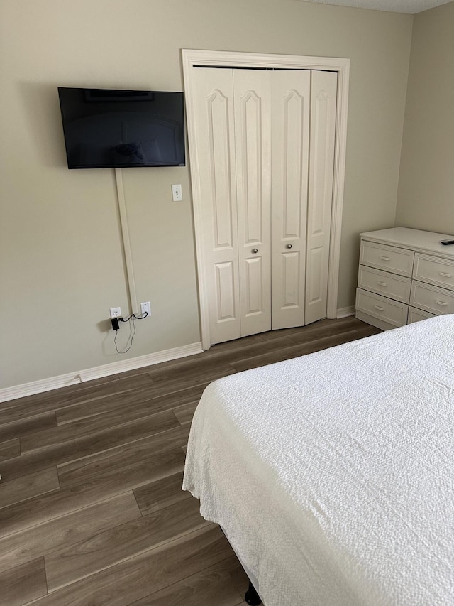 bedroom with dark hardwood / wood-style flooring and a closet