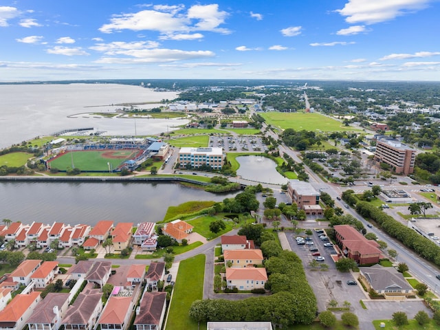 bird's eye view with a water view