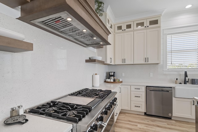 kitchen featuring appliances with stainless steel finishes, sink, light hardwood / wood-style floors, crown molding, and custom range hood