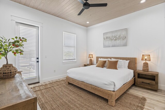 bedroom with access to outside, wooden ceiling, ceiling fan, and light hardwood / wood-style floors