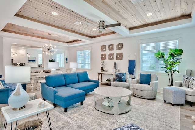 living room with ceiling fan with notable chandelier, wooden ceiling, light hardwood / wood-style flooring, and a tray ceiling