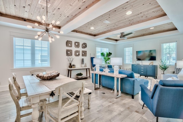 dining space with ceiling fan with notable chandelier, a tray ceiling, light hardwood / wood-style flooring, and wooden ceiling