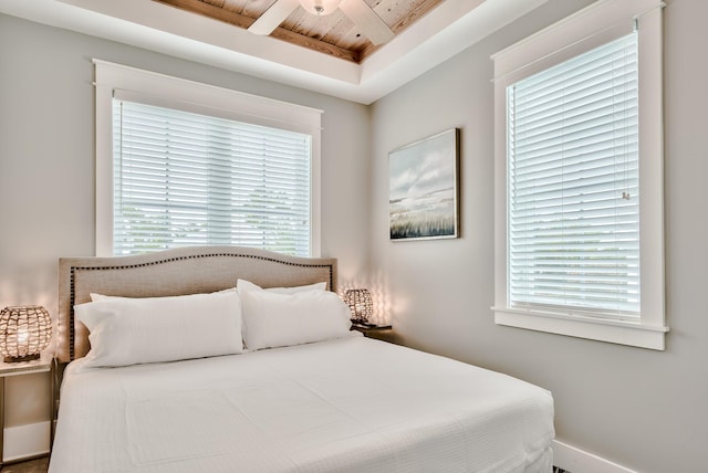 bedroom with multiple windows and wood ceiling