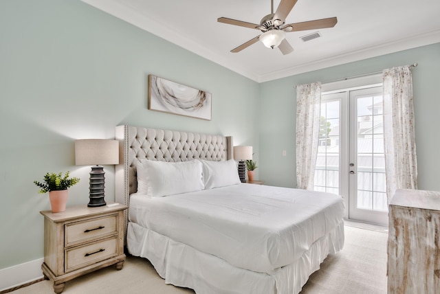 bedroom with light carpet, french doors, ceiling fan, access to exterior, and ornamental molding